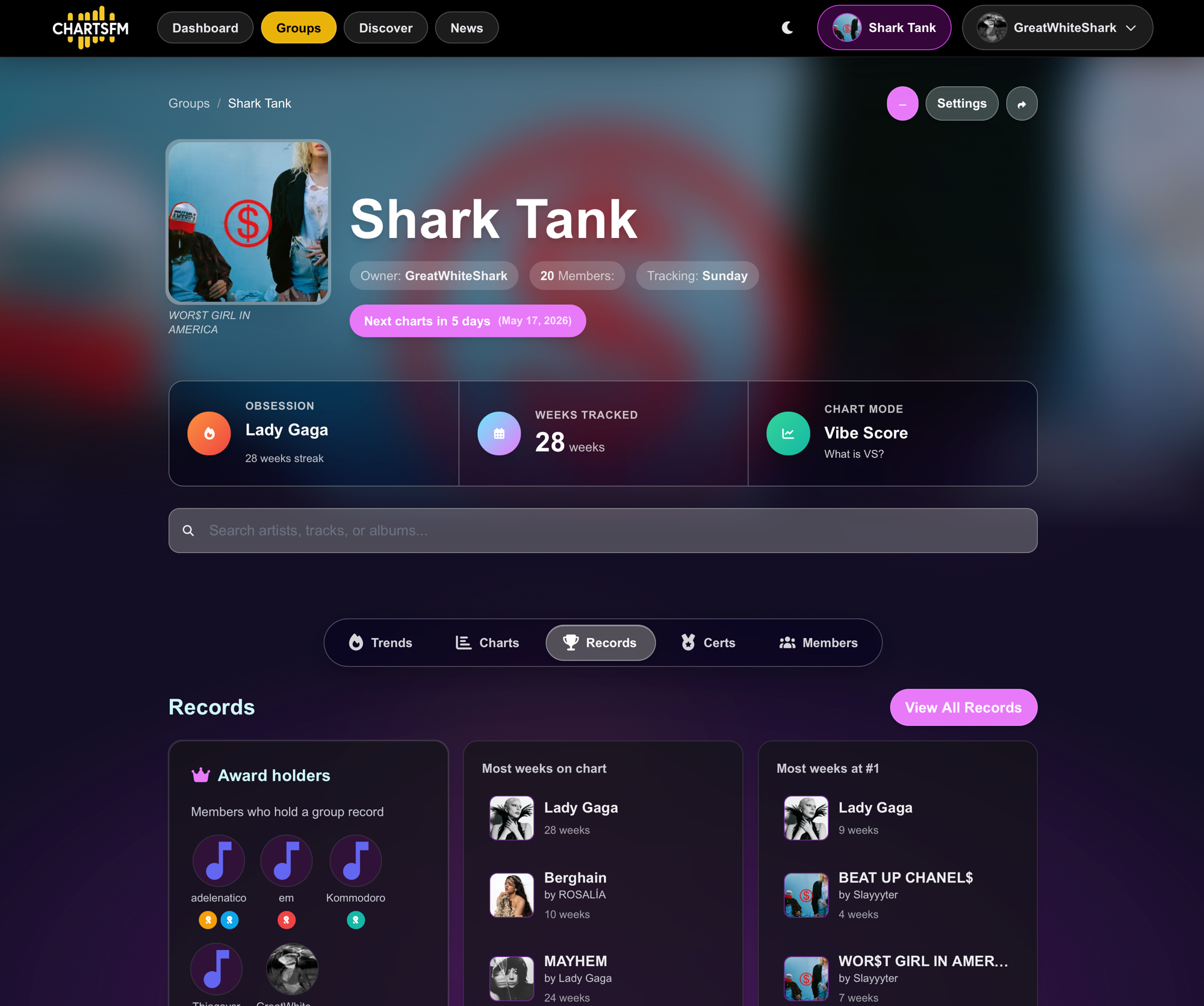A group page using the Synthwave theme, with a magenta-and-cyan glow behind the group hero and a purple "Next charts" pill.